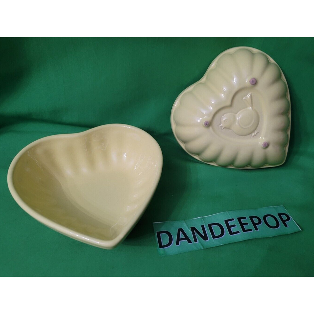 2 Vintage Yellow Ceramic Heart Baking Dishes With Embossed Bird On Back Design